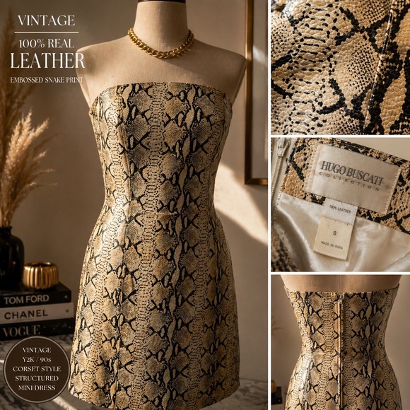 Hugo Buscati Collection Dresses & Skirts - Hugo Buscati VTG Leather Strapless Snake Embossed Mini Dress Structured Size 8